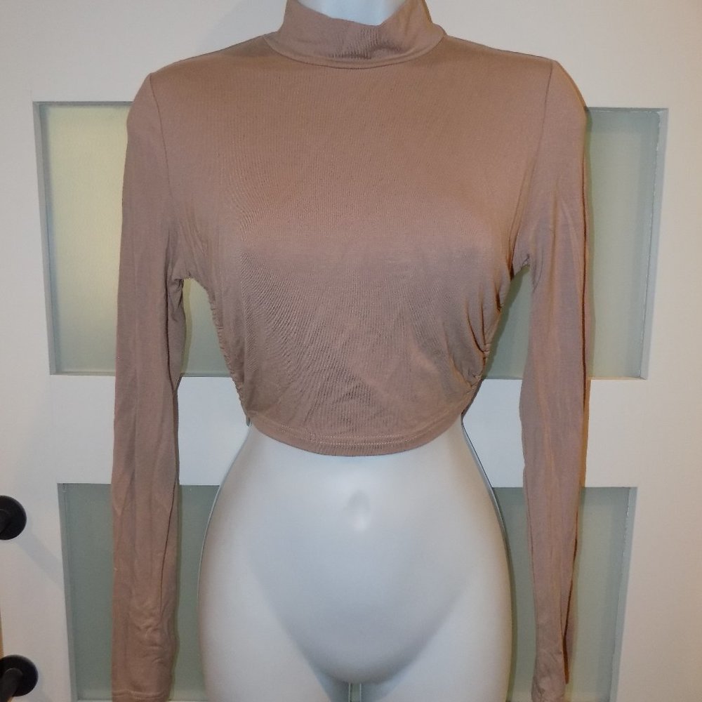 Shein Taupe LS Open Back Tie Behind Mock Turtleneck Crop Shirt Women's Size M